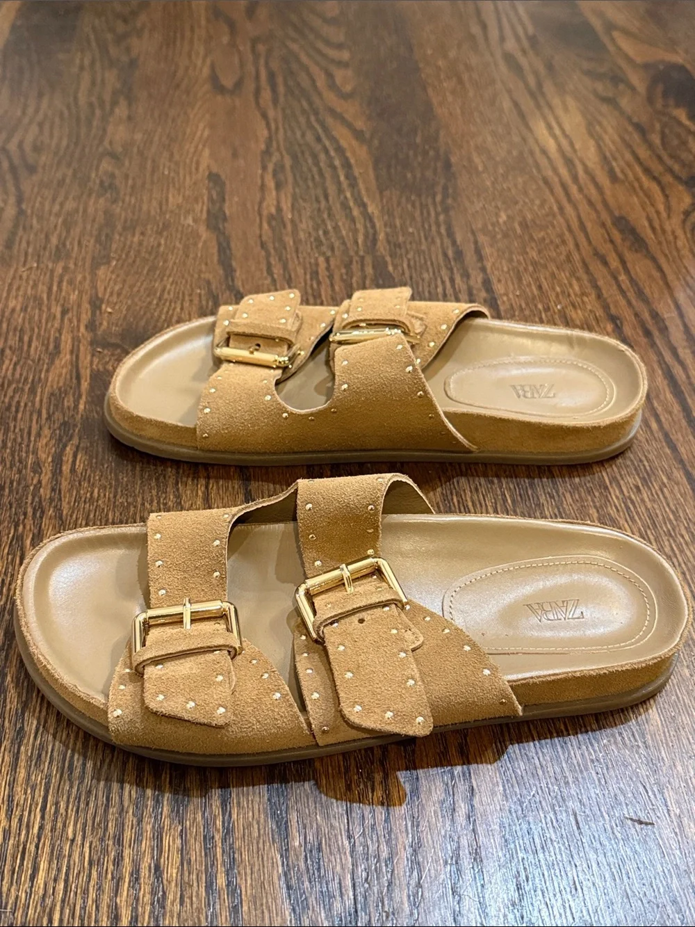 Zara Tan Suede Double Buckle Slide Sandals with Gold Hardware - Picture 9 of 10